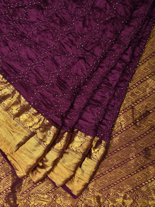 Wine Bandhani Kanchipuram Silk Handloom Saree with Body Buta and Border Design bn0241