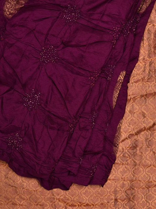Wine Bandhani Kanchipuram Silk Handloom Saree with Peacock Buta Design bn0296
