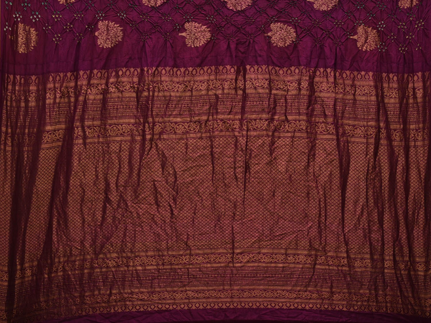 Wine Bandhani Kanchipuram Silk Handloom Saree with Tree Buta Design bn0349