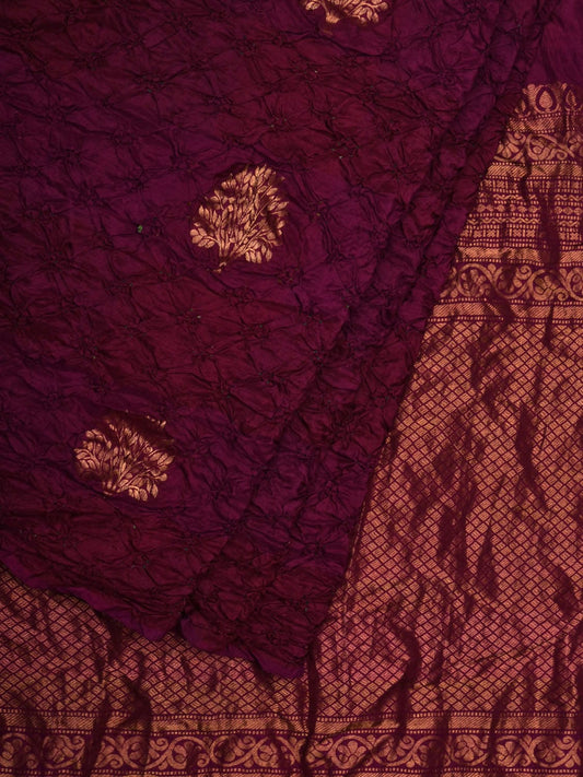 Wine Bandhani Kanchipuram Silk Handloom Saree with Tree Buta Design bn0349