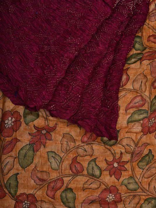Wine Bandhani Tussar Handloom Saree with Kalamkari Pallu and Blouse Design bn0463