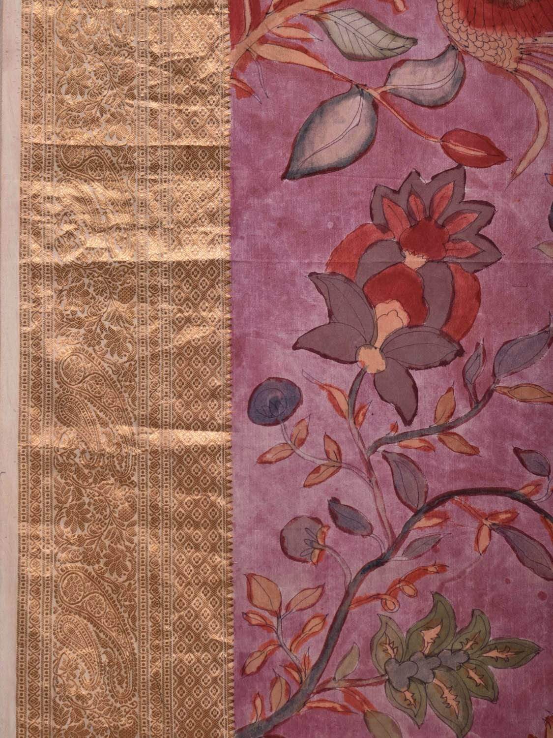 Wine Kalamkari Hand Painted Kanchipuram Silk Handloom Saree with Floral Design KL0563