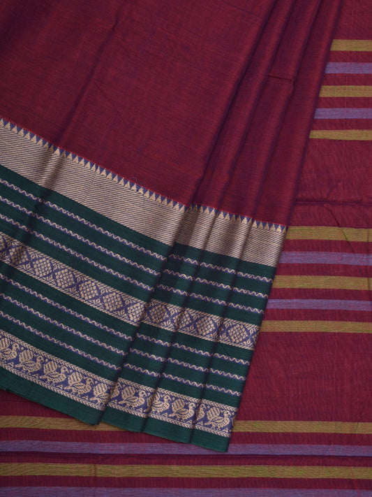 Wine Kanchi Cotton Plain Saree wtih One Side Border Design o0319