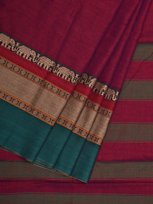 Wine Kanchi Cotton Plain Saree wtih One Side Border Design o0321