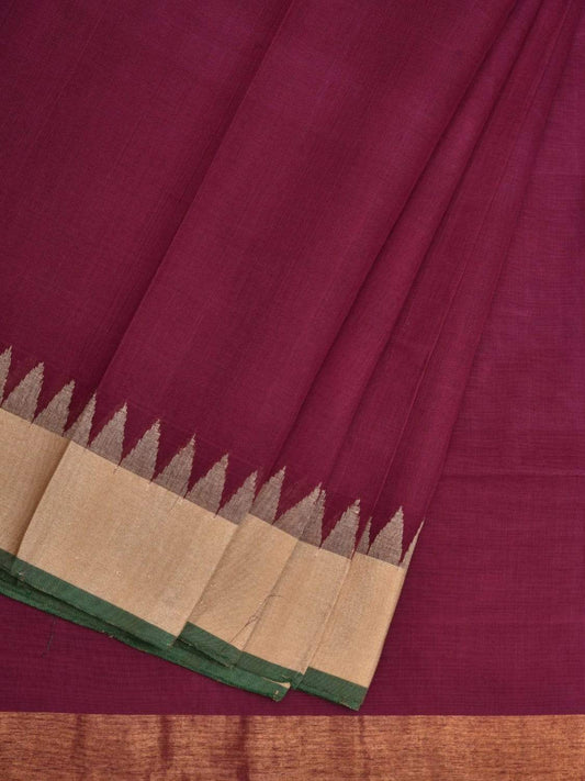 Wine Khadi Cotton Handloom Plain Saree with Temple Border Design kh0525