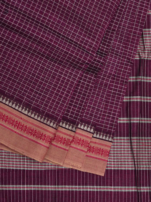 Wine Narayanpet Cotton Handloom Saree with Checks and Thread Border Design No Blouse np0490