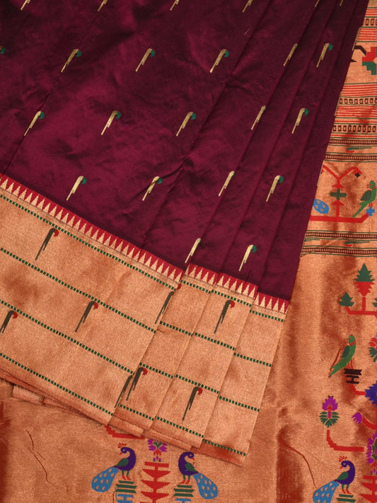 Wine Paithani Silk Handloom Saree with Pallu and Triple Muniya Border Design p0475
