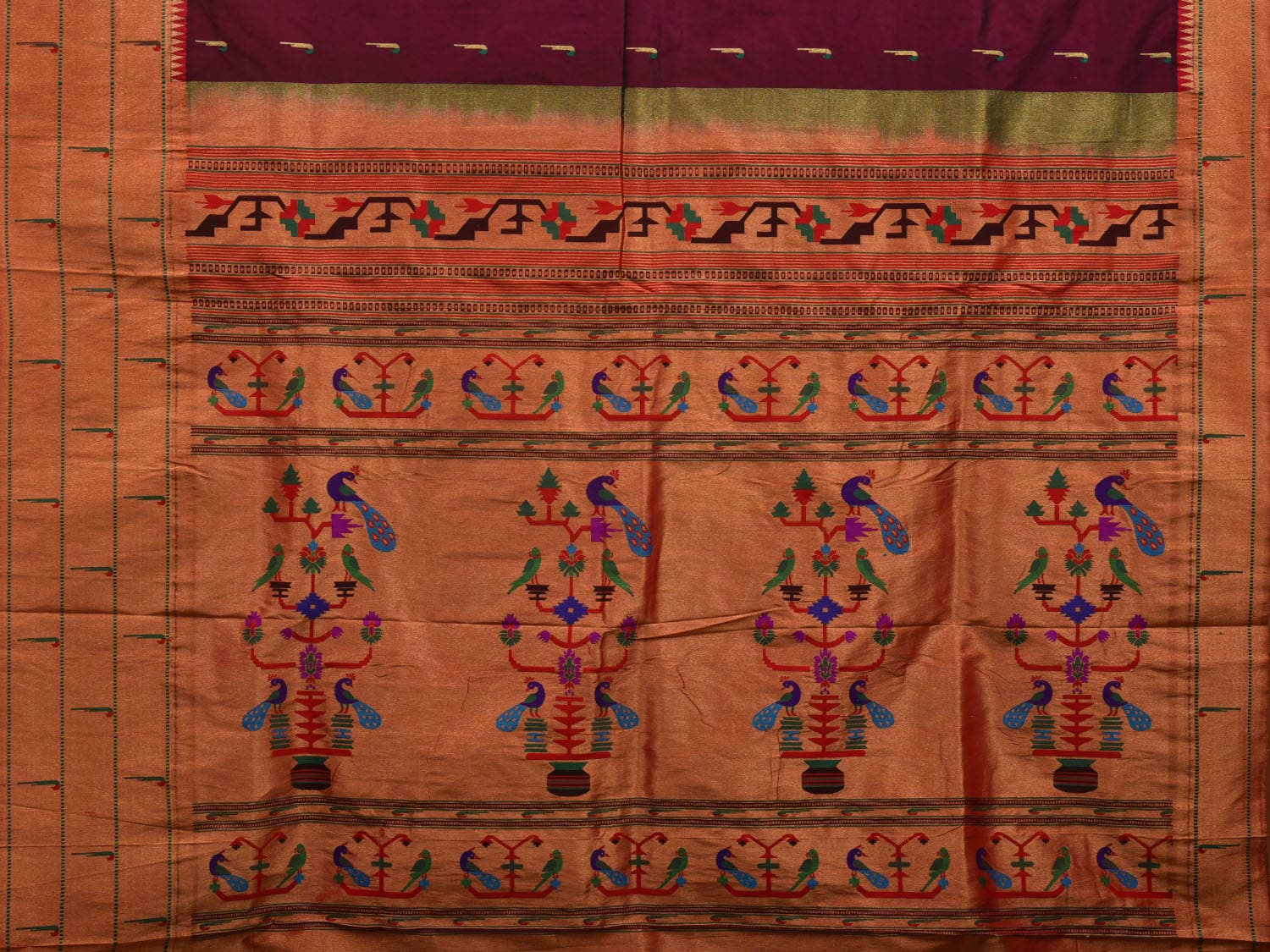 Wine Paithani Silk Handloom Saree with Pallu and Triple Muniya Border Design p0475