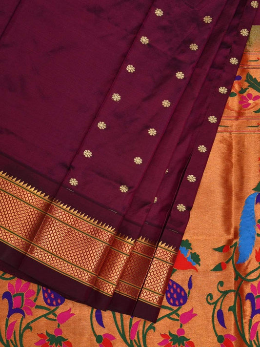 Wine Paithani Silk Handloom Saree with Peacocks Pallu Design p0385