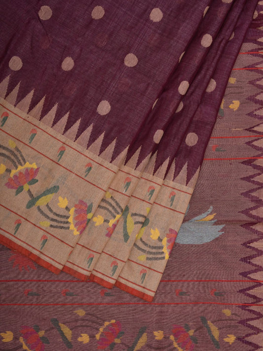 Wine Paithani Tussar Khadi Handloom Saree with Lotus Border Design kh0560