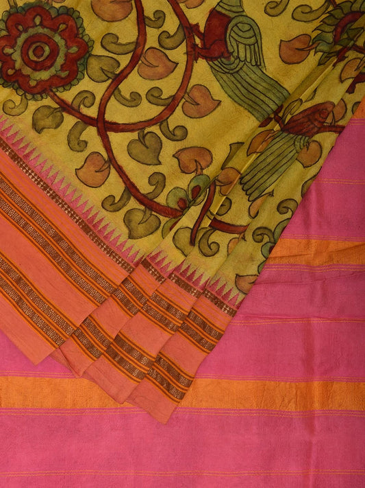Yellow and Baby Pink Kalamkari Hand Painted Narayanpet Silk Handloom Saree with Floral and Birds Design No Blouse KL0796