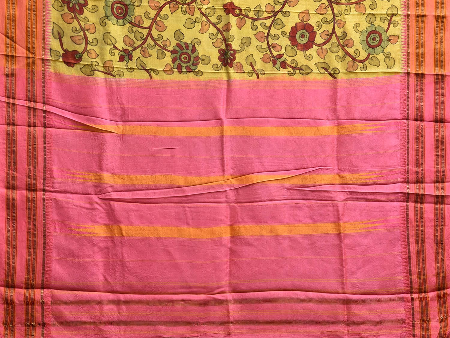 Yellow and Baby Pink Kalamkari Hand Painted Narayanpet Silk Handloom Saree with Floral and Birds Design No Blouse KL0796