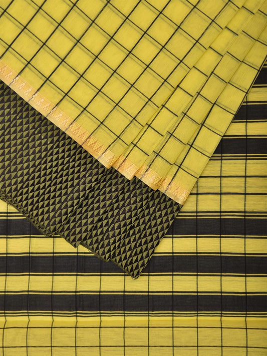 Yellow and Black Bamboo Cotton Saree with Big Checks Design No Blouse bc0620