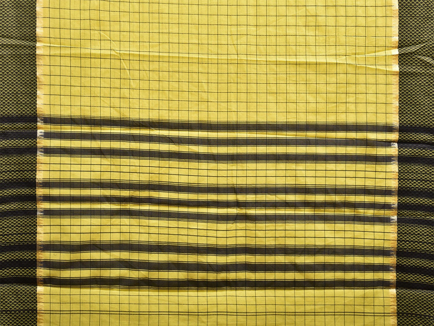 Yellow and Black Bamboo Cotton Saree with Big Checks Design No Blouse bc0620