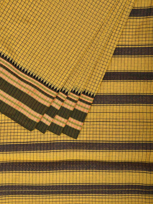 Yellow and Black Bamboo Cotton Saree with Checks Design No Blouse bc0665