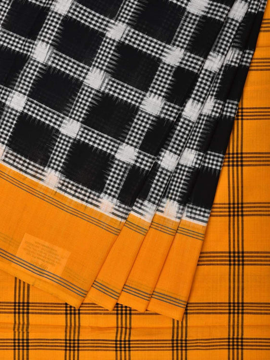 Yellow and Black Pochampally Ikat Cotton Handloom Saree with Checks Design i0595
