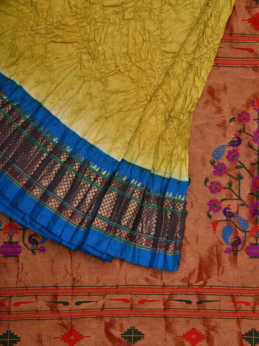 Yellow and Blue Bandhani Paithani Silk Handloom Saree with Peacocks Pallu Design bn0355