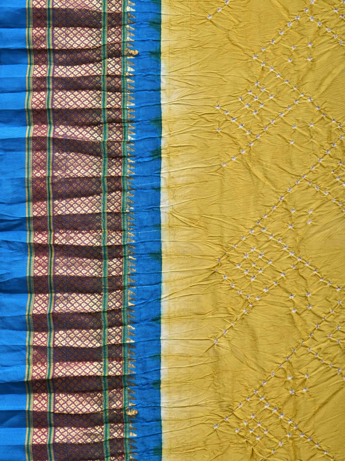 Yellow and Blue Bandhani Paithani Silk Handloom Saree with Peacocks Pallu Design bn0355