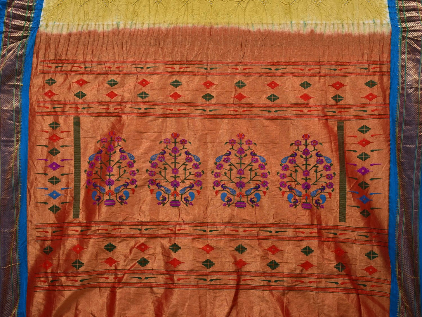 Yellow and Blue Bandhani Paithani Silk Handloom Saree with Peacocks Pallu Design bn0355