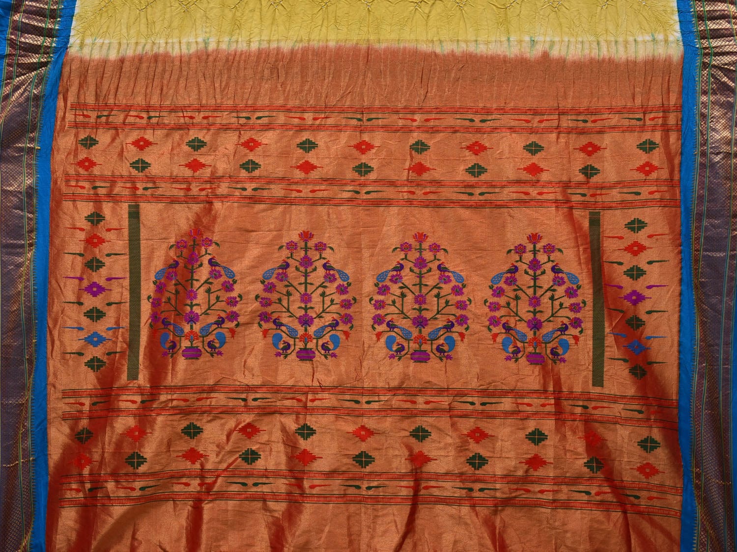 Yellow and Blue Bandhani Paithani Silk Handloom Saree with Peacocks Pallu Design bn0355