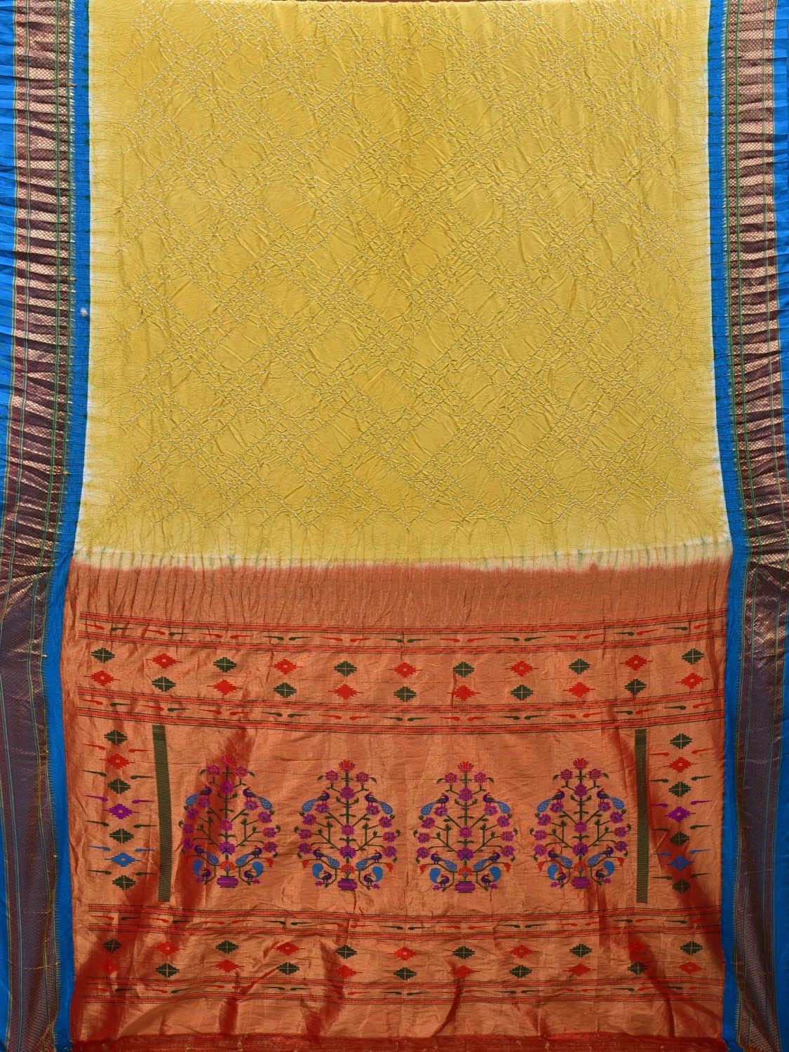 Yellow and Blue Bandhani Paithani Silk Handloom Saree with Peacocks Pallu Design bn0355
