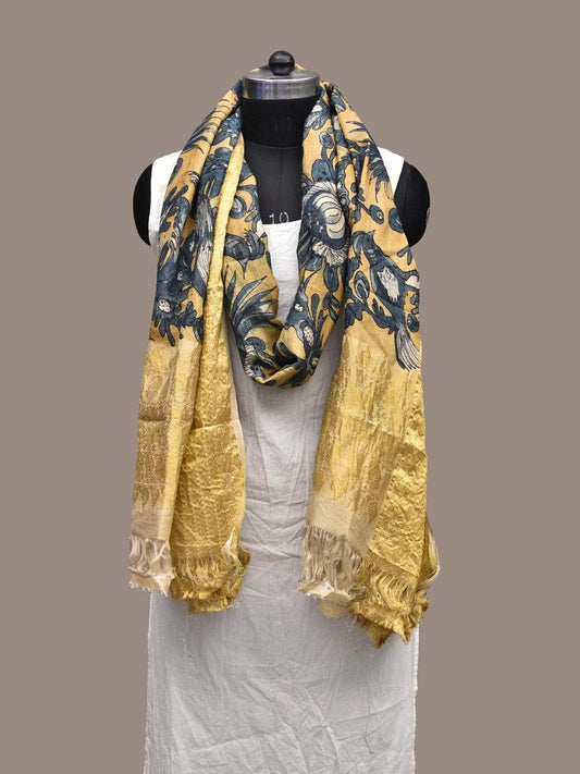 Yellow and Blue Kalamkari Hand Painted Kanchipuram Silk Handloom Dupatta with Birds and Flowers Design ds2235