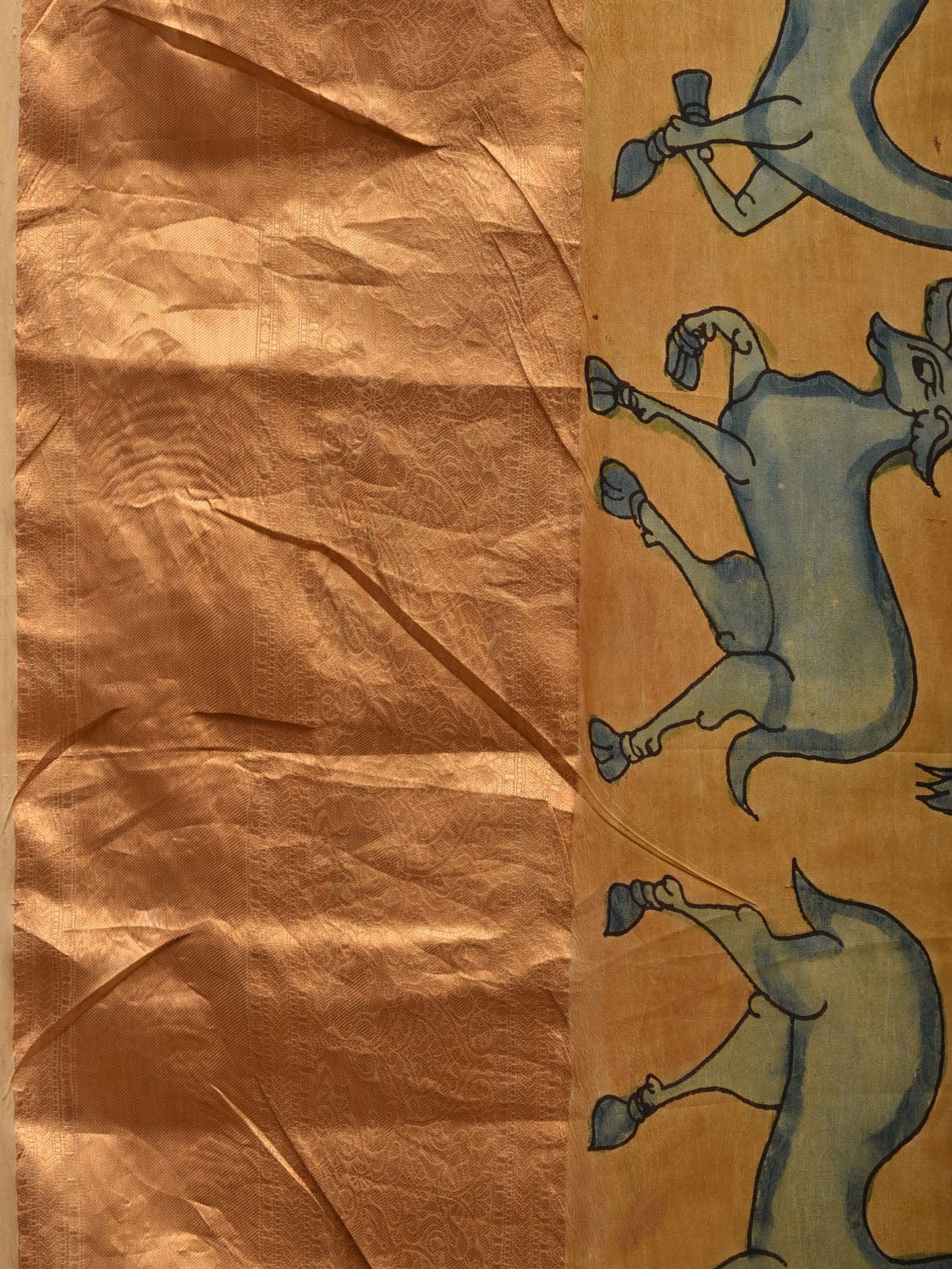 Yellow and Blue Kalamkari Hand Painted Kanchipuram Silk Handloom Saree with Deers and Peacocks Pallu Design KL0616