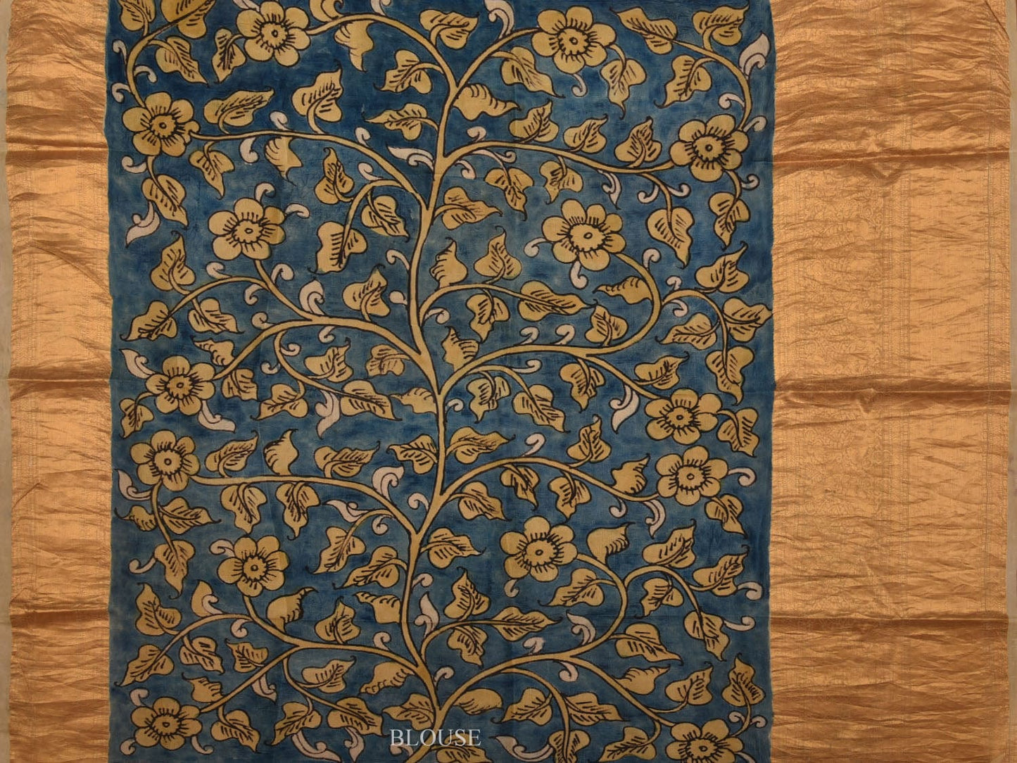 Yellow and Blue Kalamkari Hand Painted Kanchipuram Silk Handloom Saree with Deers and Peacocks Pallu Design KL0616