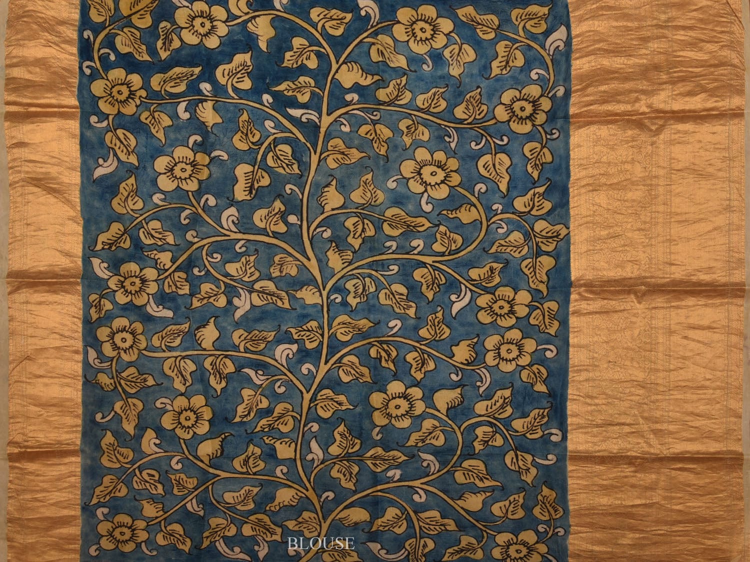 Yellow and Blue Kalamkari Hand Painted Kanchipuram Silk Handloom Saree with Deers and Peacocks Pallu Design KL0616