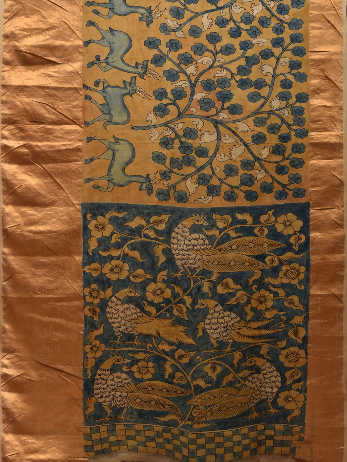Yellow and Blue Kalamkari Hand Painted Kanchipuram Silk Handloom Saree with Deers and Peacocks Pallu Design KL0616