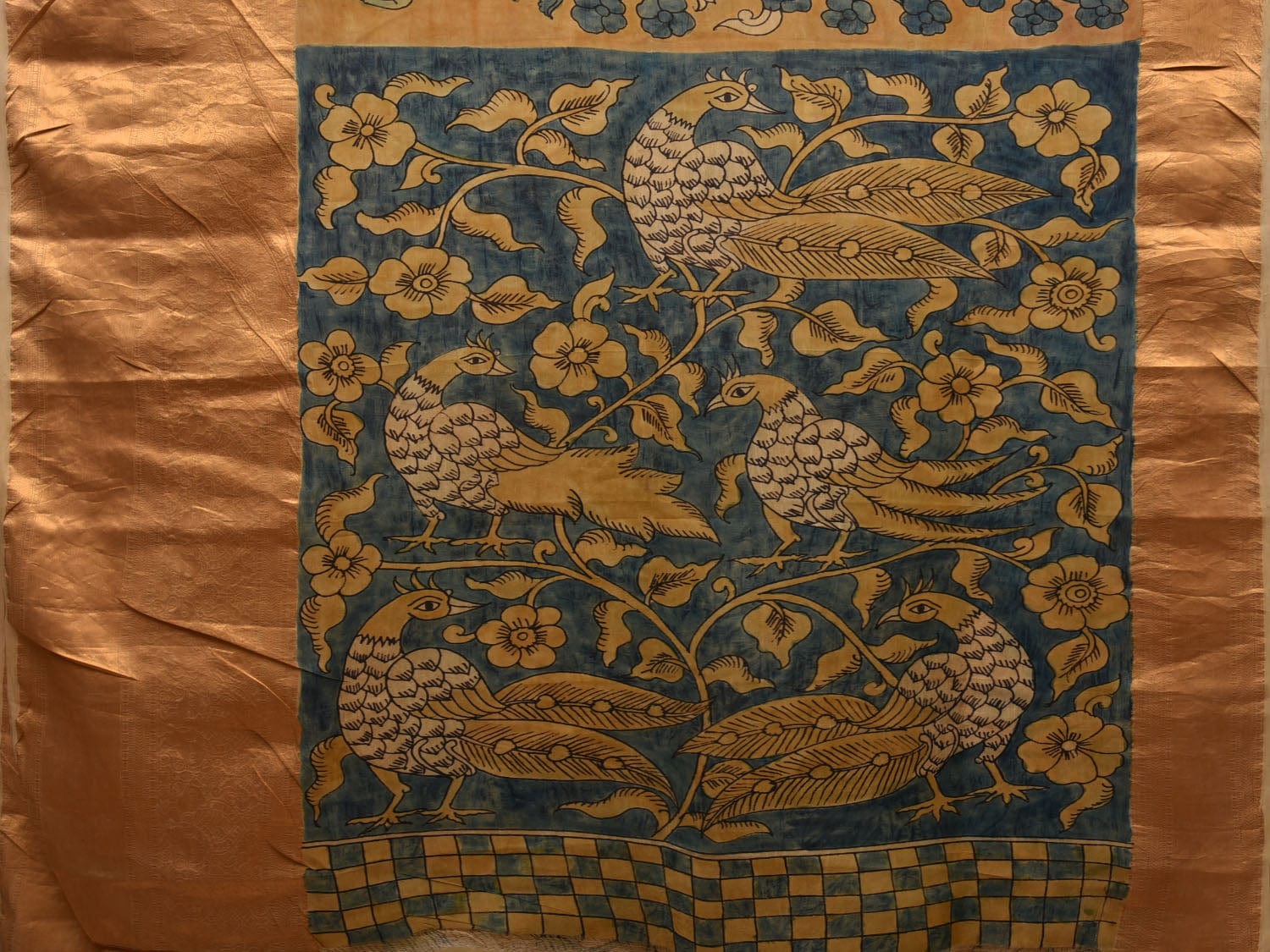 Yellow and Blue Kalamkari Hand Painted Kanchipuram Silk Handloom Saree with Deers and Peacocks Pallu Design KL0616