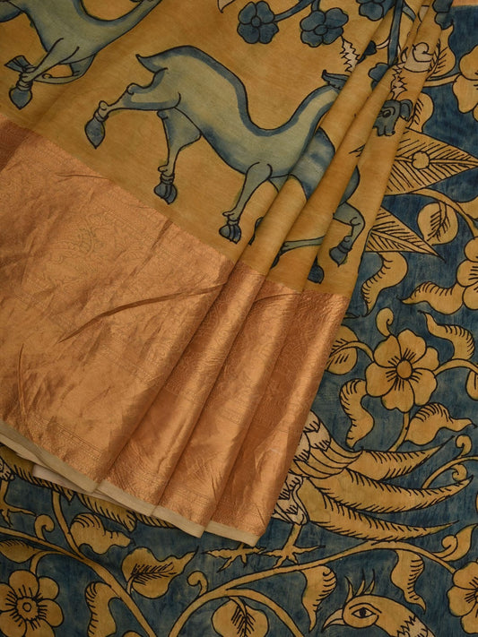 Yellow and Blue Kalamkari Hand Painted Kanchipuram Silk Handloom Saree with Deers and Peacocks Pallu Design KL0616