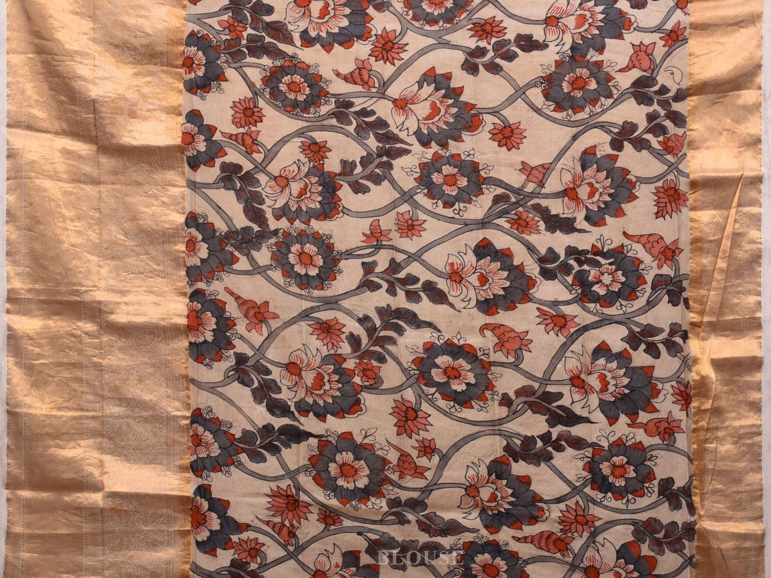 Yellow and Blue Kalamkari Hand Painted Kanchipuram Silk Handloom Saree with Floral and Peacocks Pallu Design KL0639