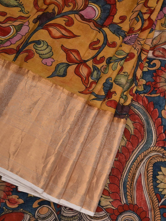 Yellow and Blue Kalamkari Hand Painted Kanchipuram Silk Handloom Saree with Floral and Peacocks Pallu Design KL0639