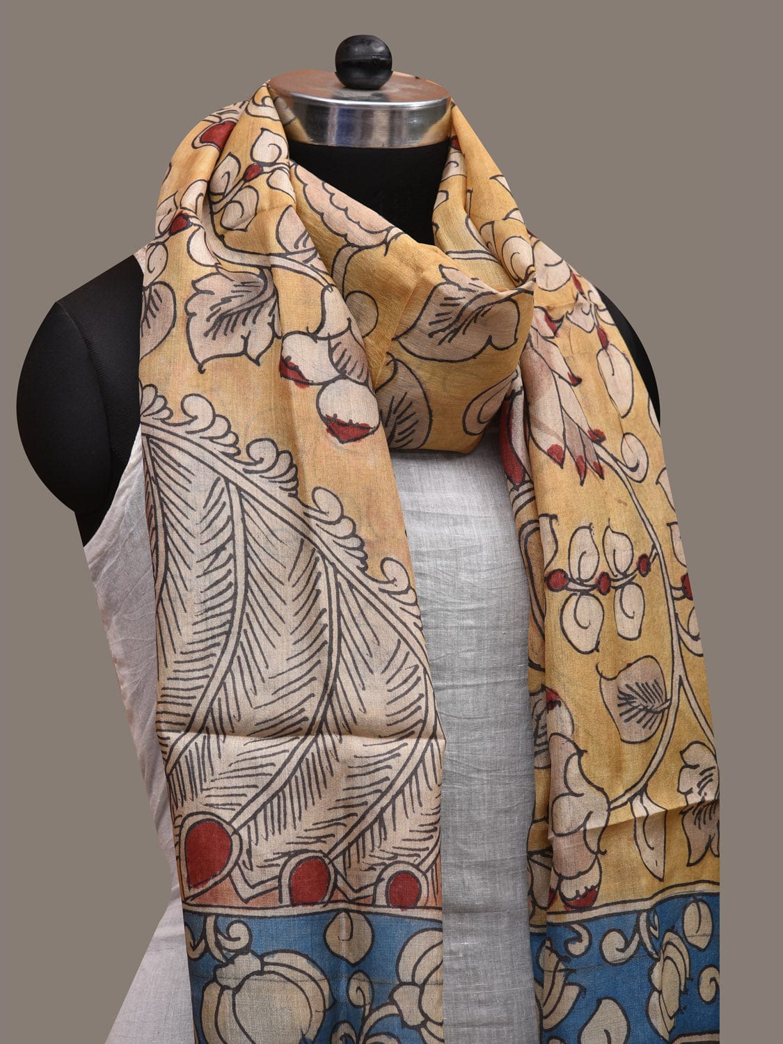 Yellow and Blue Kalamkari Hand Painted Tussar Handloom Dupatta with Floral and Peacock Design ds2770