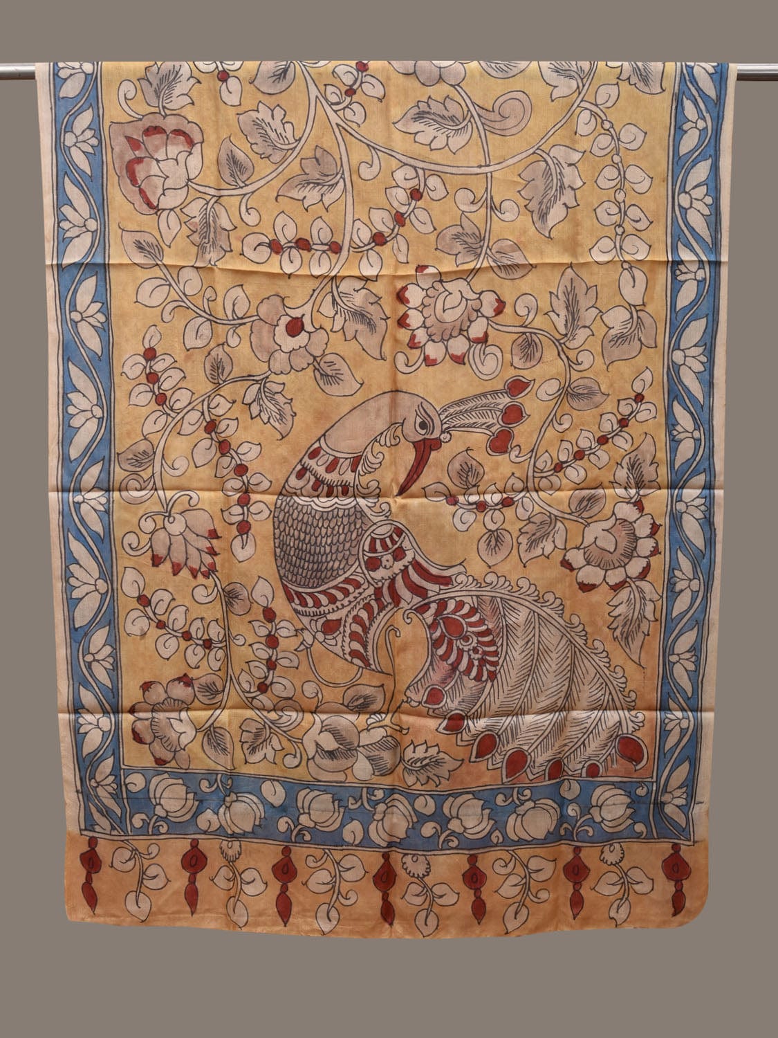 Yellow and Blue Kalamkari Hand Painted Tussar Handloom Dupatta with Floral and Peacock Design ds2770