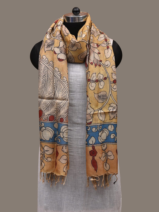 Yellow and Blue Kalamkari Hand Painted Tussar Handloom Dupatta with Floral and Peacock Design ds2770