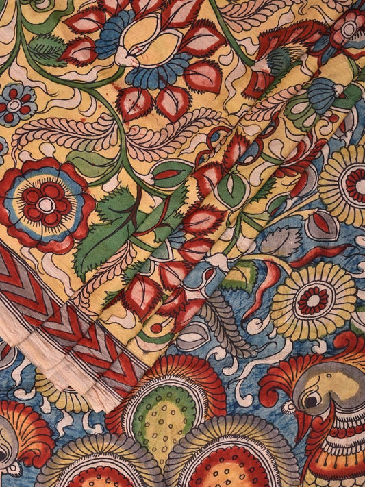 Yellow and Blue Kalamkari Silk Handloom Saree with Floral and Peacocks Pallu Design KL0746