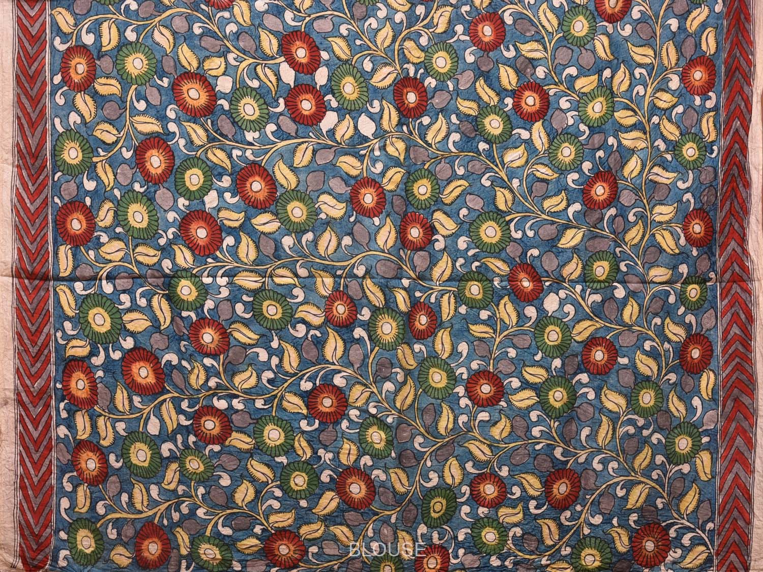 Yellow and Blue Kalamkari Silk Handloom Saree with Floral and Peacocks Pallu Design KL0746