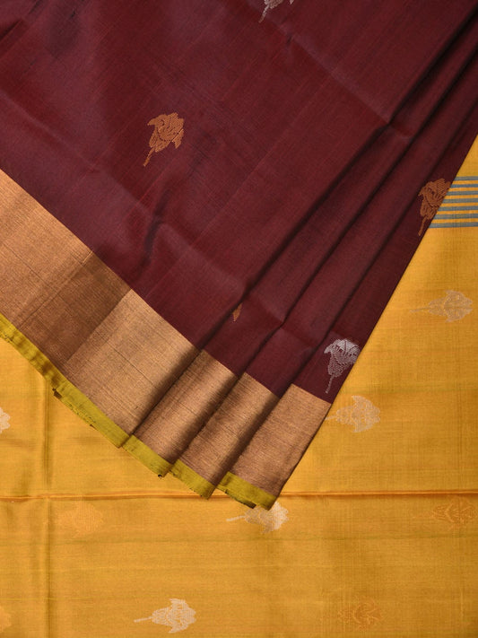 Yellow and Brown Uppada Silk Handloom Saree with Body Buta Design u2026