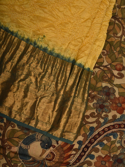 Yellow and Cream Bandhani Kanchipuram Silk Handloom Saree with Kalamkari Pallu and Blouse Design bn0447