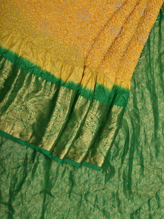Yellow and Green Bandhani Kanchipuram Silk Handloom Saree with Border Design bn0441