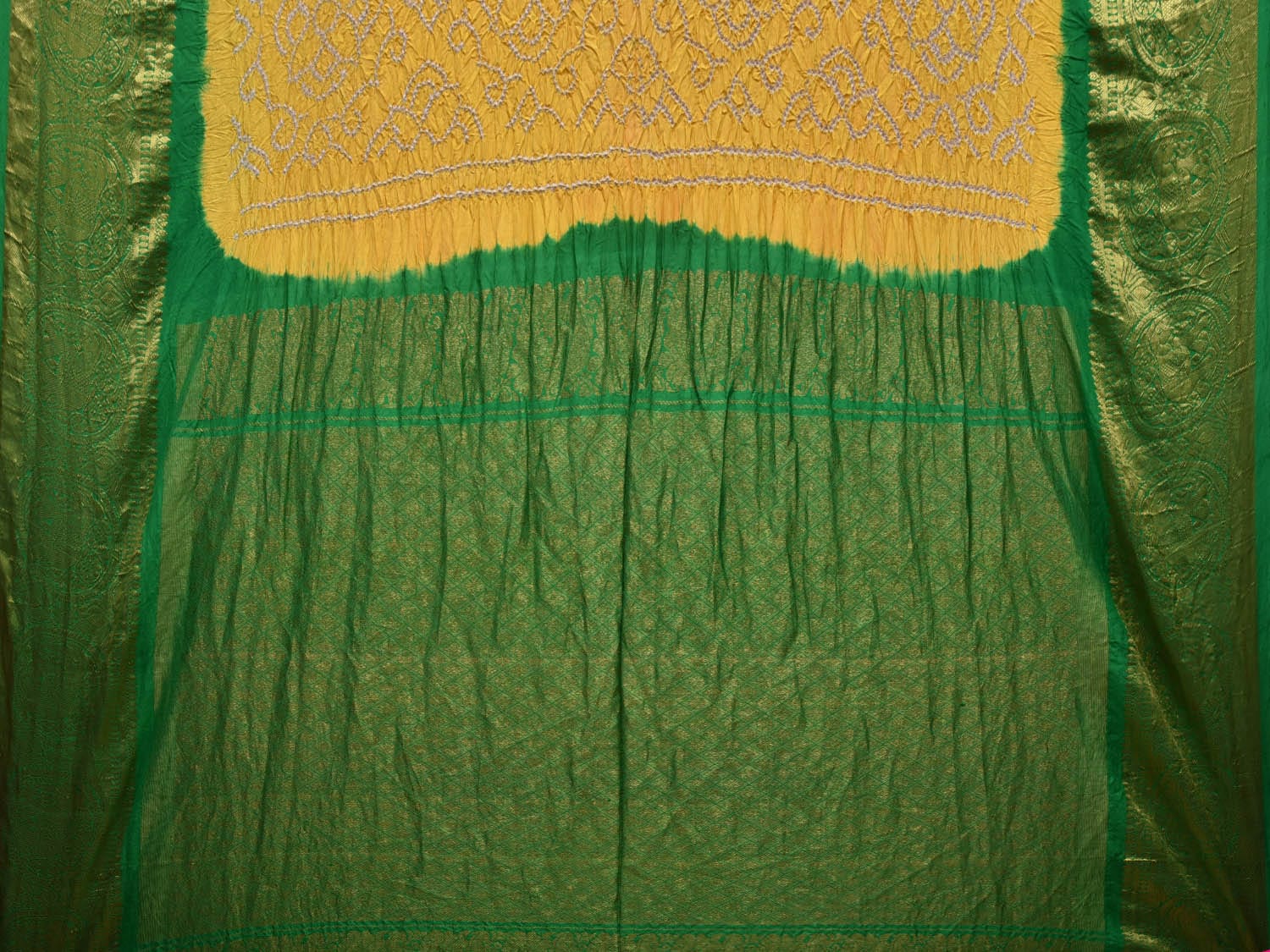 Yellow and Green Bandhani Kanchipuram Silk Handloom Saree with Border Design bn0441