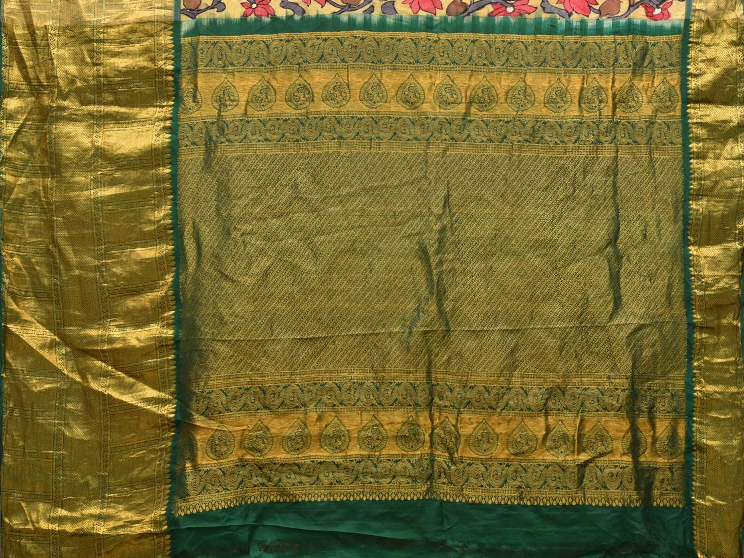 Yellow and Green Kalamkari Hand Painted Kanchipuram Silk Handloom Saree with Lotus Flowers Design KL0477