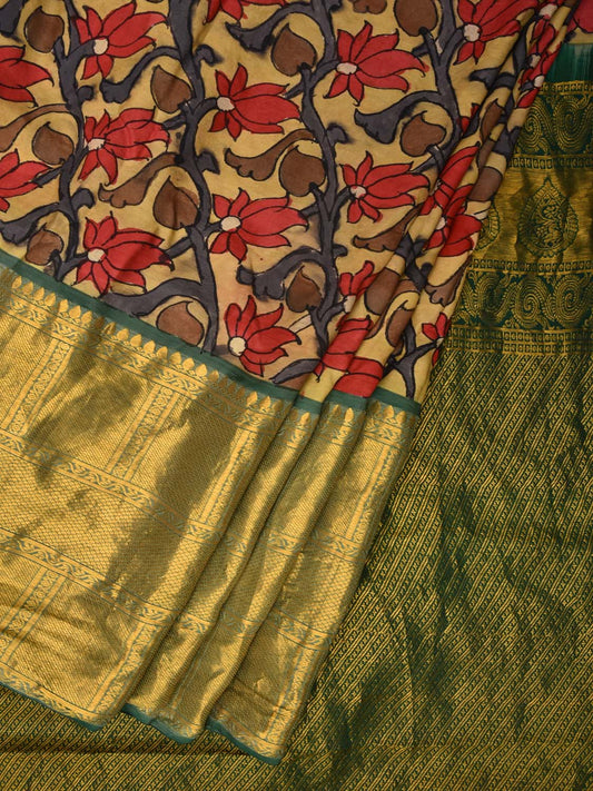 Yellow and Green Kalamkari Hand Painted Kanchipuram Silk Handloom Saree with Lotus Flowers Design KL0477