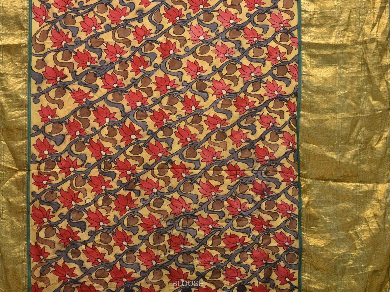 Yellow and Green Kalamkari Hand Painted Kanchipuram Silk Handloom Saree with Lotus Flowers Design KL0477