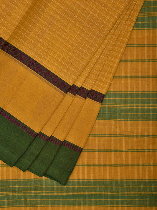 Yellow and Green Narayanpet Cotton Handloom Saree with Checks Design and Big Border No Blouse np1023