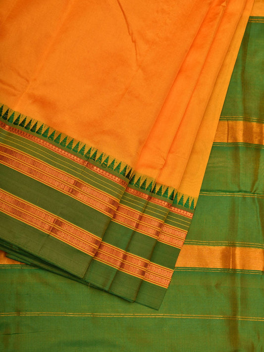 Yellow and Green Narayanpet Silk Handloom Plain Saree with Traditional Border Design No Blouse np0554