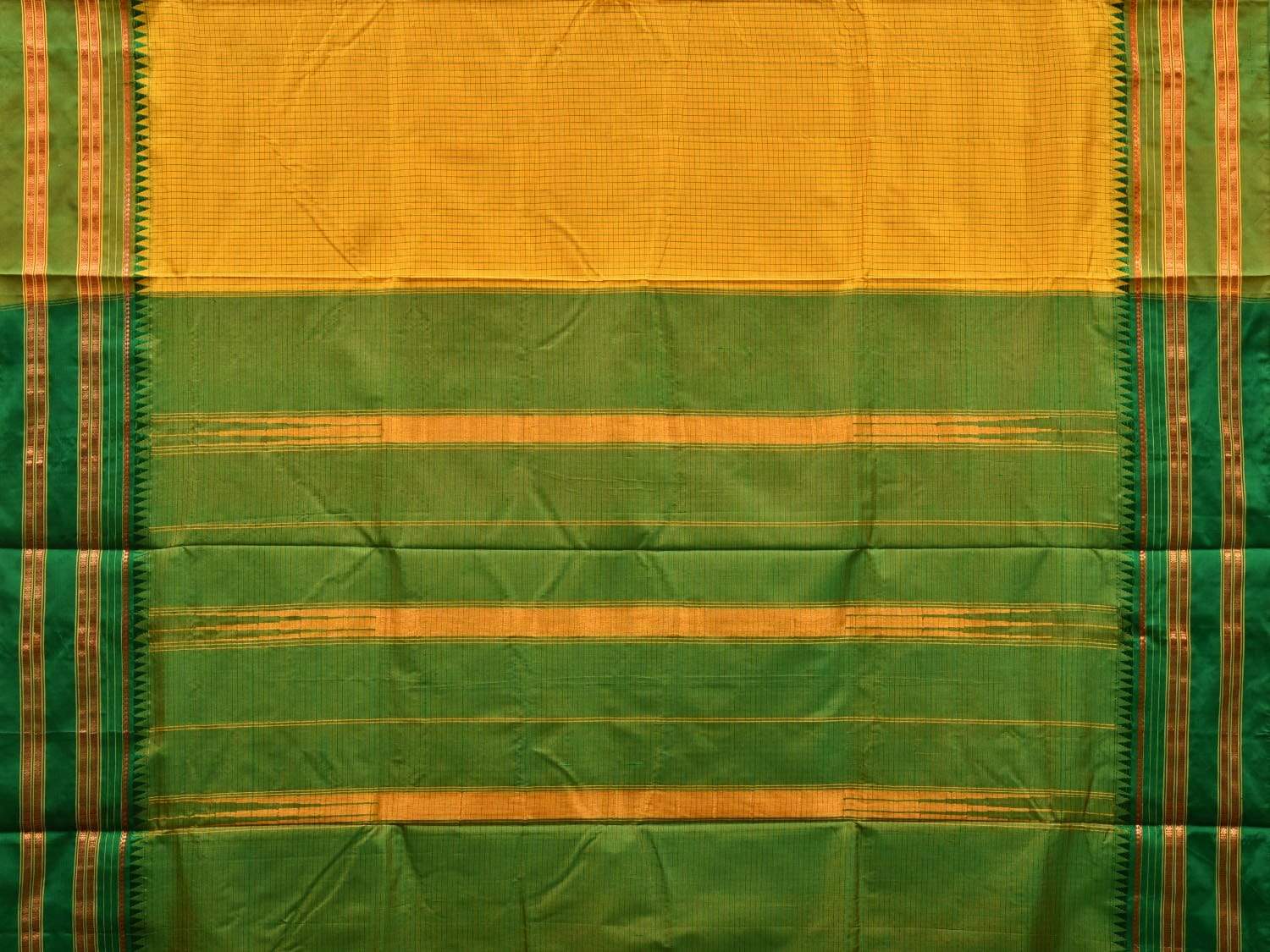 Yellow and Green Narayanpet Silk Saree with Checks Design No Blouse np0495