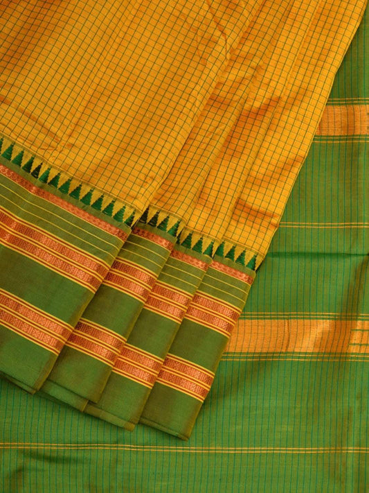 Yellow and Green Narayanpet Silk Saree with Checks Design No Blouse np0495
